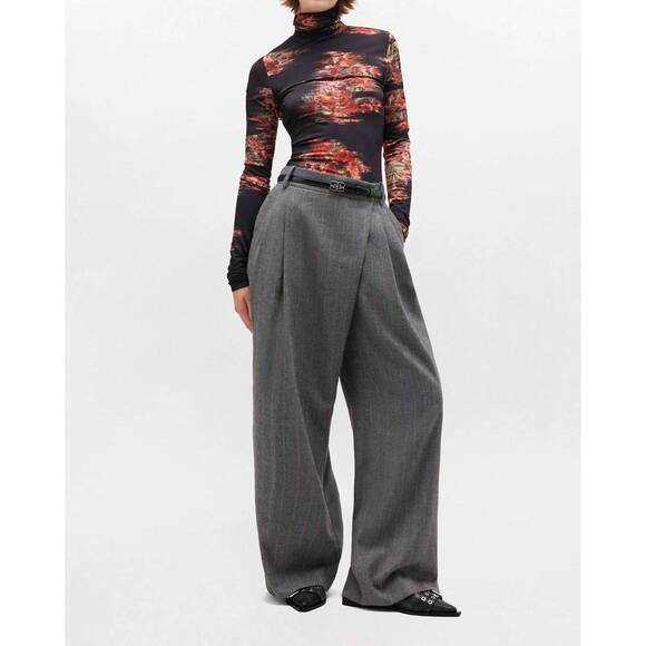 NEW GANNI stripe cross-over trousers in pewter grey